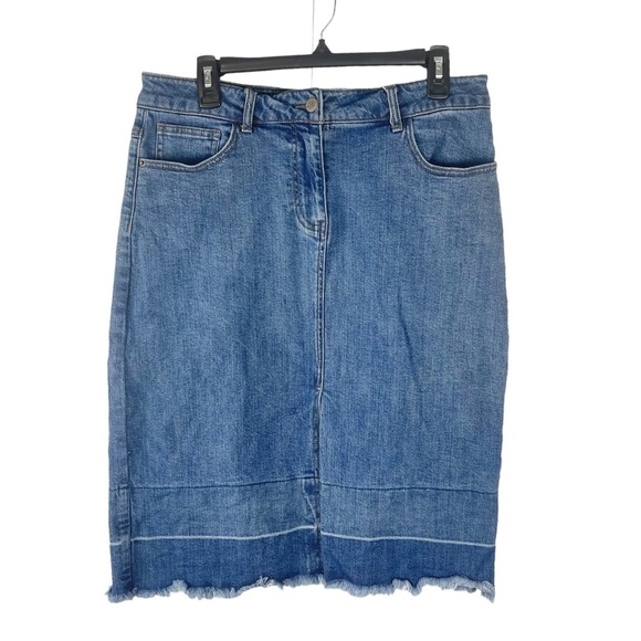 For The Republic Dresses & Skirts - For the Republic Blue Raw Hem Fringe Midi Zip Front Slit Denim Skirt Size 12/30